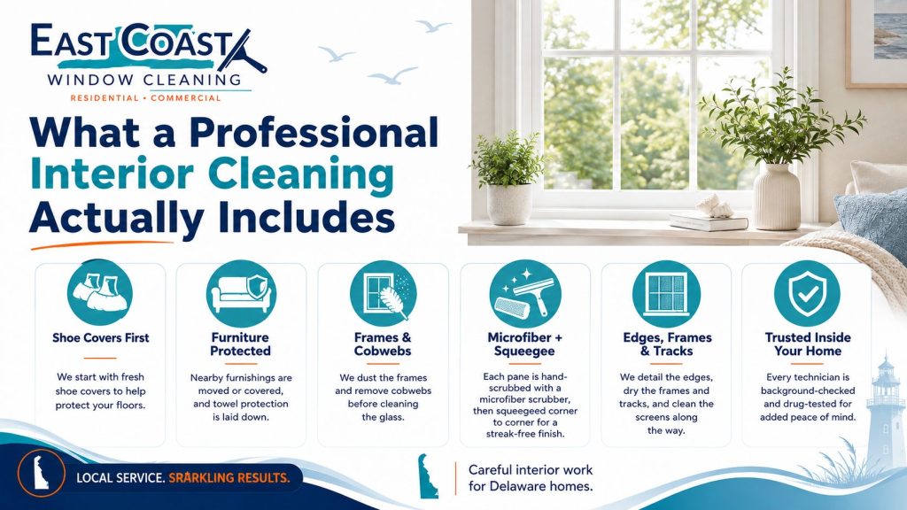 Infographic showing what professional interior window cleaning includes, from shoe covers and furniture protection to frame dusting, microfiber scrubbing, squeegee cleaning, screen cleaning, and background-checked technicians.